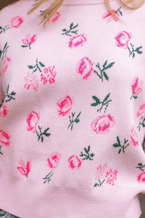Soft Floral Knit Crew Neck Pullover Sweater