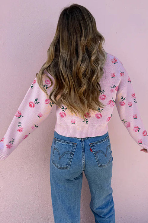 Soft Floral Knit Crew Neck Pullover Sweater