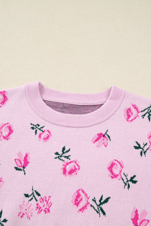 Soft Floral Knit Crew Neck Pullover Sweater