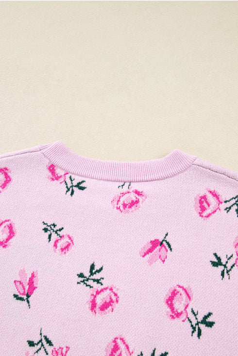 Soft Floral Knit Crew Neck Pullover Sweater