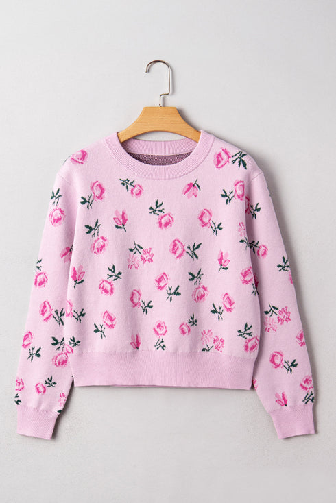 Soft Floral Knit Crew Neck Pullover Sweater