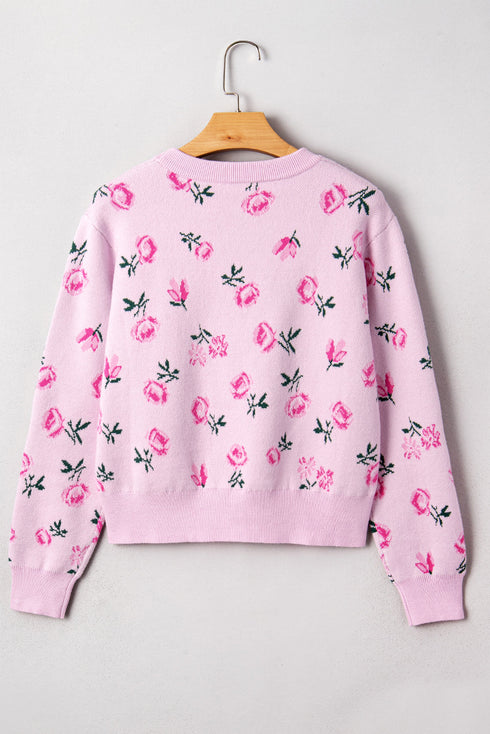 Soft Floral Knit Crew Neck Pullover Sweater