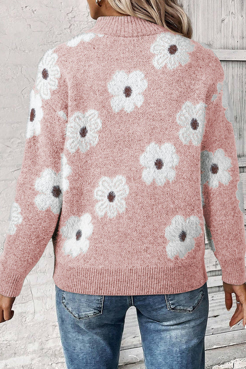 Soft Floral Knit Quarter Zip Long Sleeve Sweater