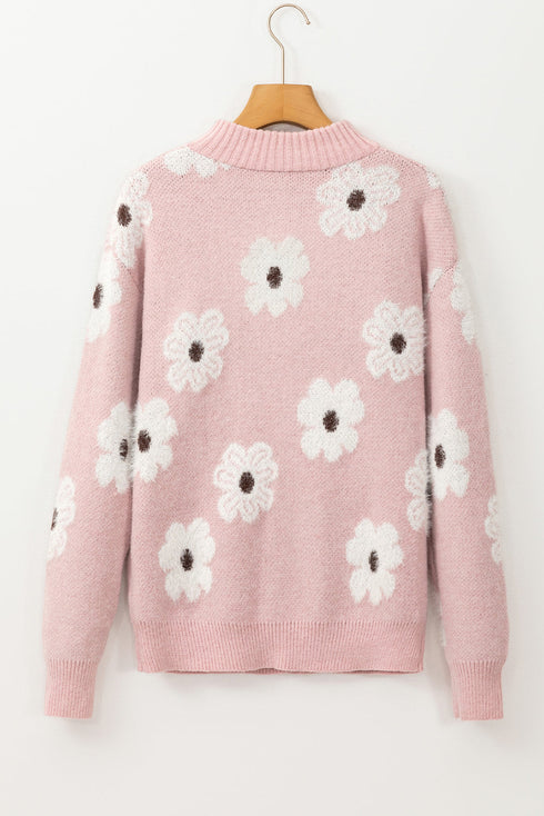 Soft Floral Knit Quarter Zip Long Sleeve Sweater