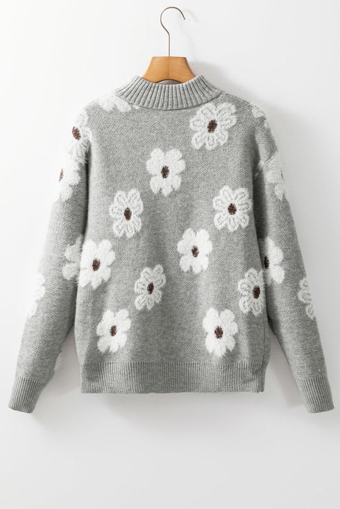 Soft Floral Knit Quarter Zip Long Sleeve Sweater