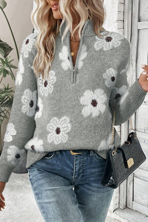 Soft Floral Knit Quarter Zip Long Sleeve Sweater
