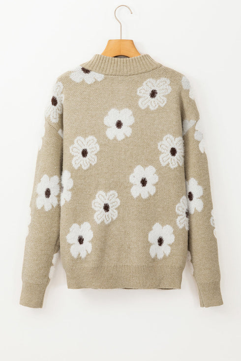 Soft Floral Knit Quarter Zip Long Sleeve Sweater