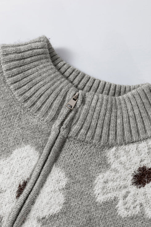 Soft Floral Knit Quarter Zip Long Sleeve Sweater