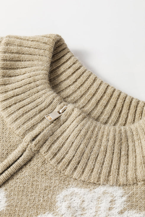 Soft Floral Knit Quarter Zip Long Sleeve Sweater