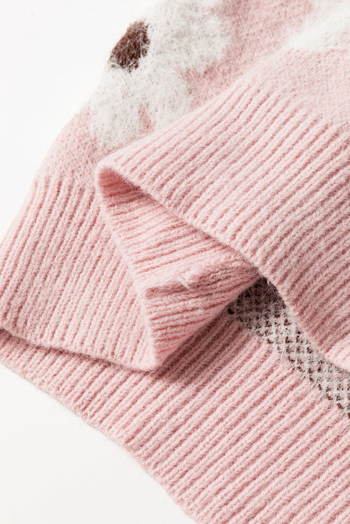 Soft Floral Knit Quarter Zip Long Sleeve Sweater