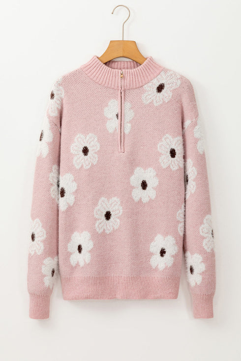 Soft Floral Knit Quarter Zip Long Sleeve Sweater