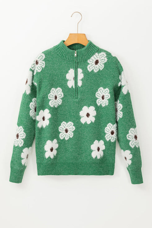 Soft Floral Knit Quarter Zip Long Sleeve Sweater