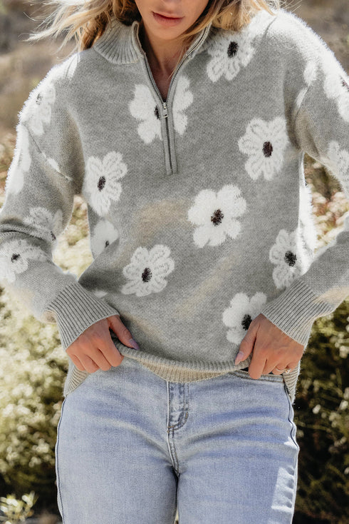 Soft Floral Knit Quarter Zip Long Sleeve Sweater
