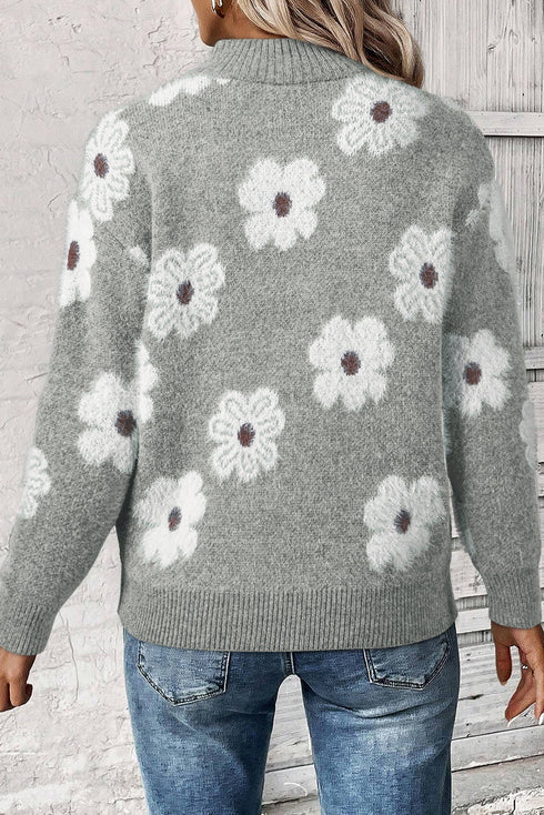Soft Floral Knit Quarter Zip Long Sleeve Sweater