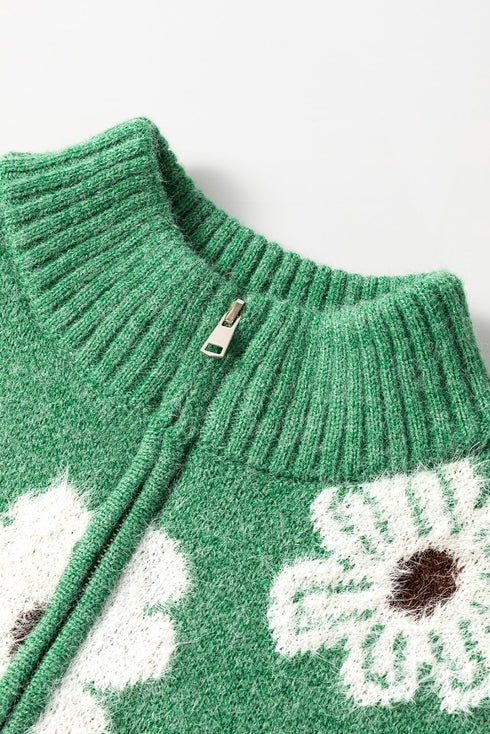 Soft Floral Knit Quarter Zip Long Sleeve Sweater