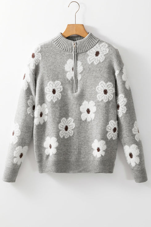 Soft Floral Knit Quarter Zip Long Sleeve Sweater