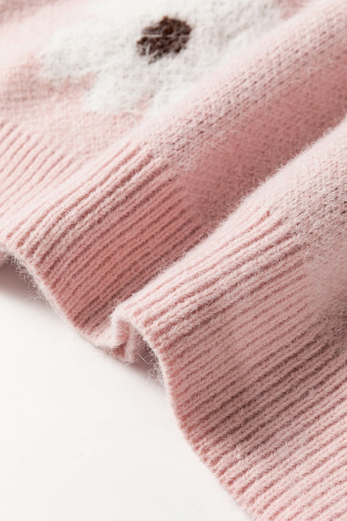 Soft Floral Knit Quarter Zip Long Sleeve Sweater