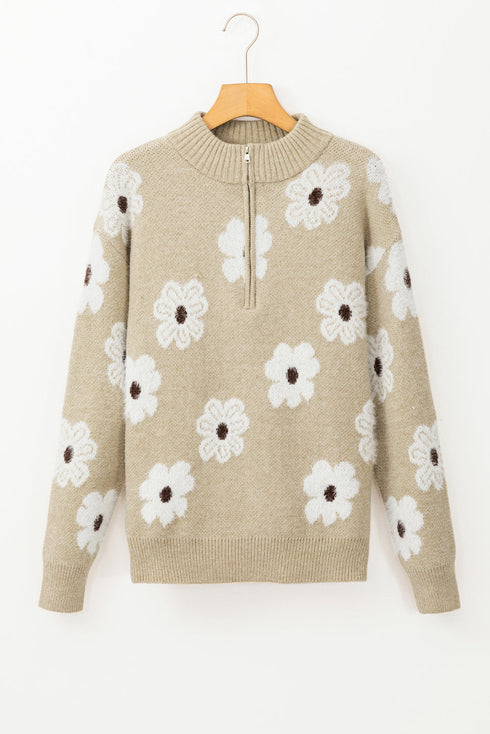 Soft Floral Knit Quarter Zip Long Sleeve Sweater