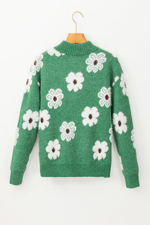 Soft Floral Knit Quarter Zip Long Sleeve Sweater