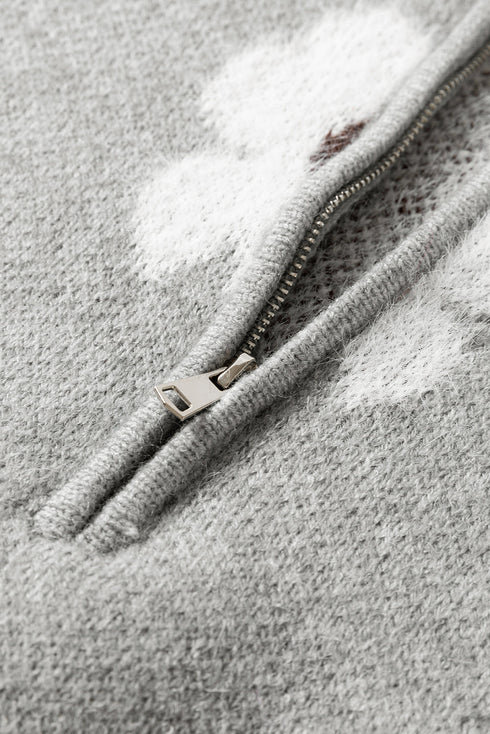 Soft Floral Knit Quarter Zip Long Sleeve Sweater