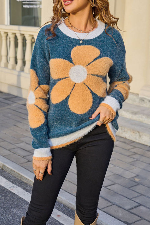 Soft Fuzzy Knit Large Floral Graphic Sweater