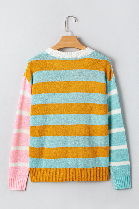 Soft Geometric Stripe Knit Crew Neck Pullover Sweater
