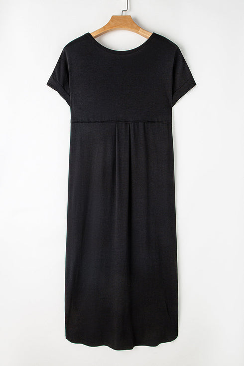 Soft Jersey Knit Rolled Sleeve Pocketed Maxi Dress