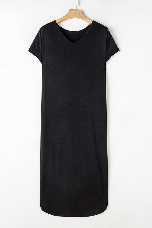 Soft Jersey Knit Rolled Sleeve Pocketed Maxi Dress