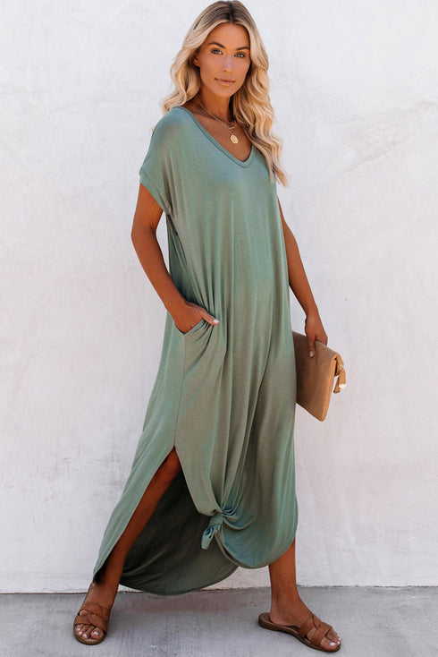 Soft Jersey Knit Rolled Sleeve Pocketed Maxi Dress