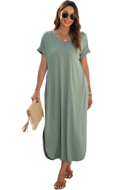 Soft Jersey Knit Rolled Sleeve Pocketed Maxi Dress