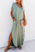 Soft Jersey Knit Rolled Sleeve Pocketed Maxi Dress