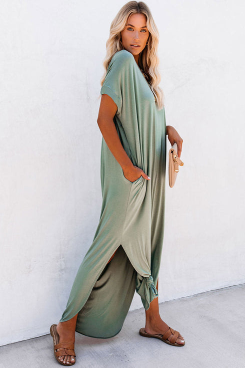 Soft Jersey Knit Rolled Sleeve Pocketed Maxi Dress