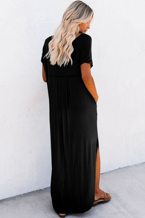 Soft Jersey Knit Rolled Sleeve Pocketed Maxi Dress