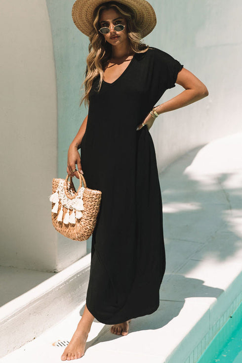 Soft Jersey Knit Rolled Sleeve Pocketed Maxi Dress