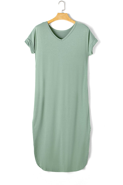 Soft Jersey Knit Rolled Sleeve Pocketed Maxi Dress