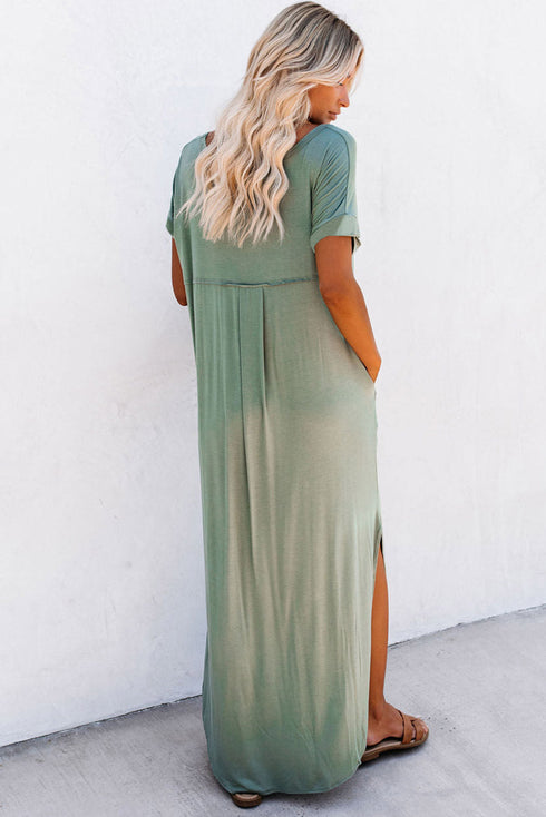 Soft Jersey Knit Rolled Sleeve Pocketed Maxi Dress