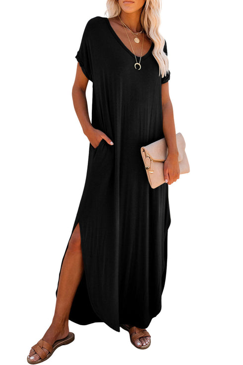 Soft Jersey Knit Rolled Sleeve Pocketed Maxi Dress