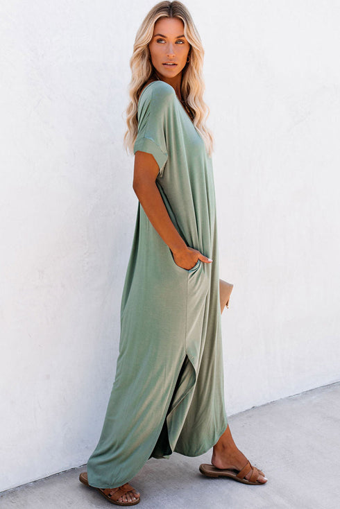 Soft Jersey Knit Rolled Sleeve Pocketed Maxi Dress