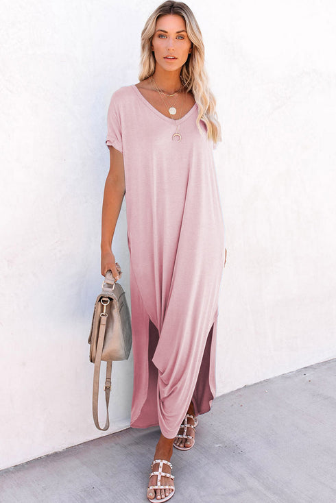 Soft Jersey Knit Rolled Sleeve Pocketed Maxi Dress