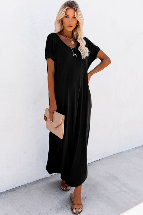 Soft Jersey Knit Rolled Sleeve Pocketed Maxi Dress