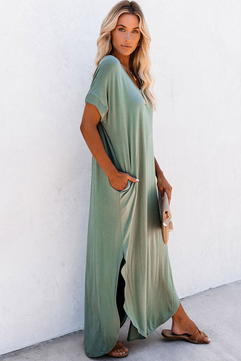 Soft Jersey Knit Rolled Sleeve Pocketed Maxi Dress