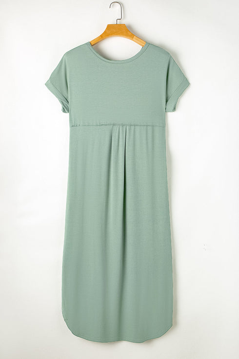 Soft Jersey Knit Rolled Sleeve Pocketed Maxi Dress