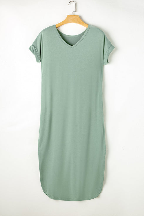 Soft Jersey Knit Rolled Sleeve Pocketed Maxi Dress