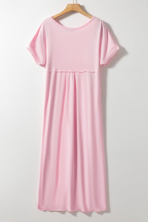 Soft Jersey Knit Rolled Sleeve Pocketed Maxi Dress