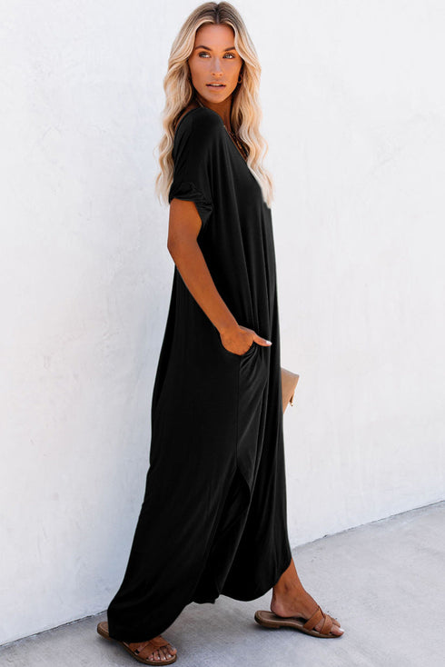 Soft Jersey Knit Rolled Sleeve Pocketed Maxi Dress
