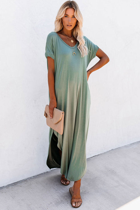 Soft Jersey Knit Rolled Sleeve Pocketed Maxi Dress