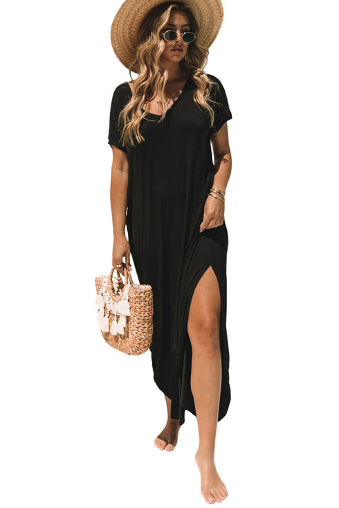 Soft Jersey Knit Rolled Sleeve Pocketed Maxi Dress