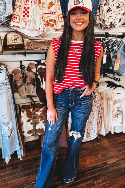 Soft Jersey Knit Striped Muscle Sleeve Tee