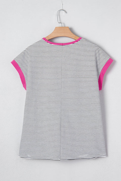 Soft Jersey Striped Print Contrast Trim Short Sleeve T Shirt
