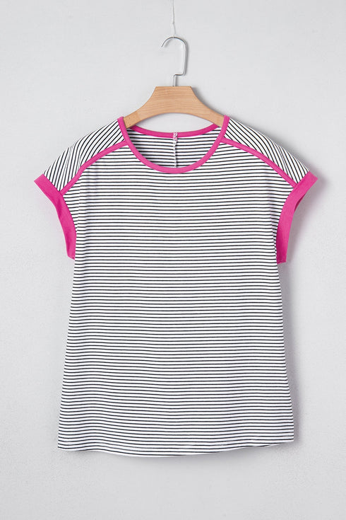 Soft Jersey Striped Print Contrast Trim Short Sleeve T Shirt